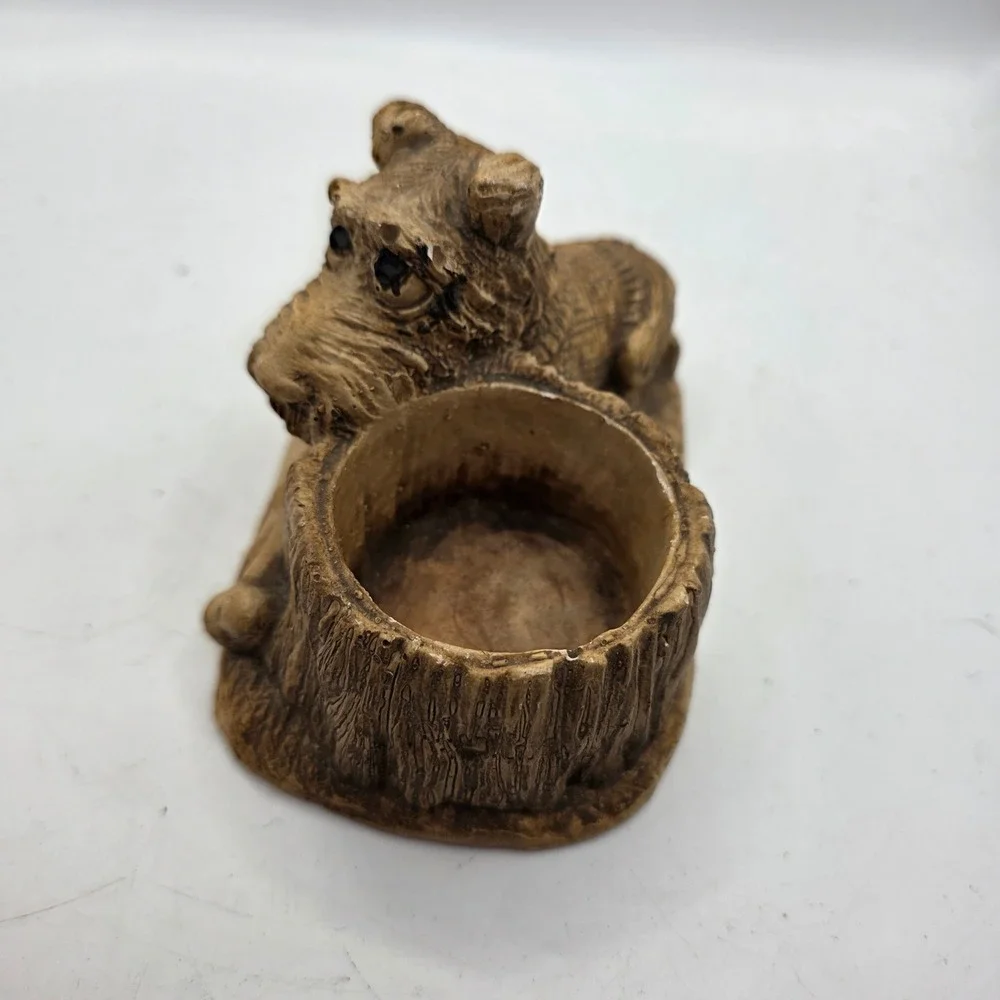 Vintage Terrier Scottie Dog Tree Stump Planter Figurine Bone Rustic Ceramic